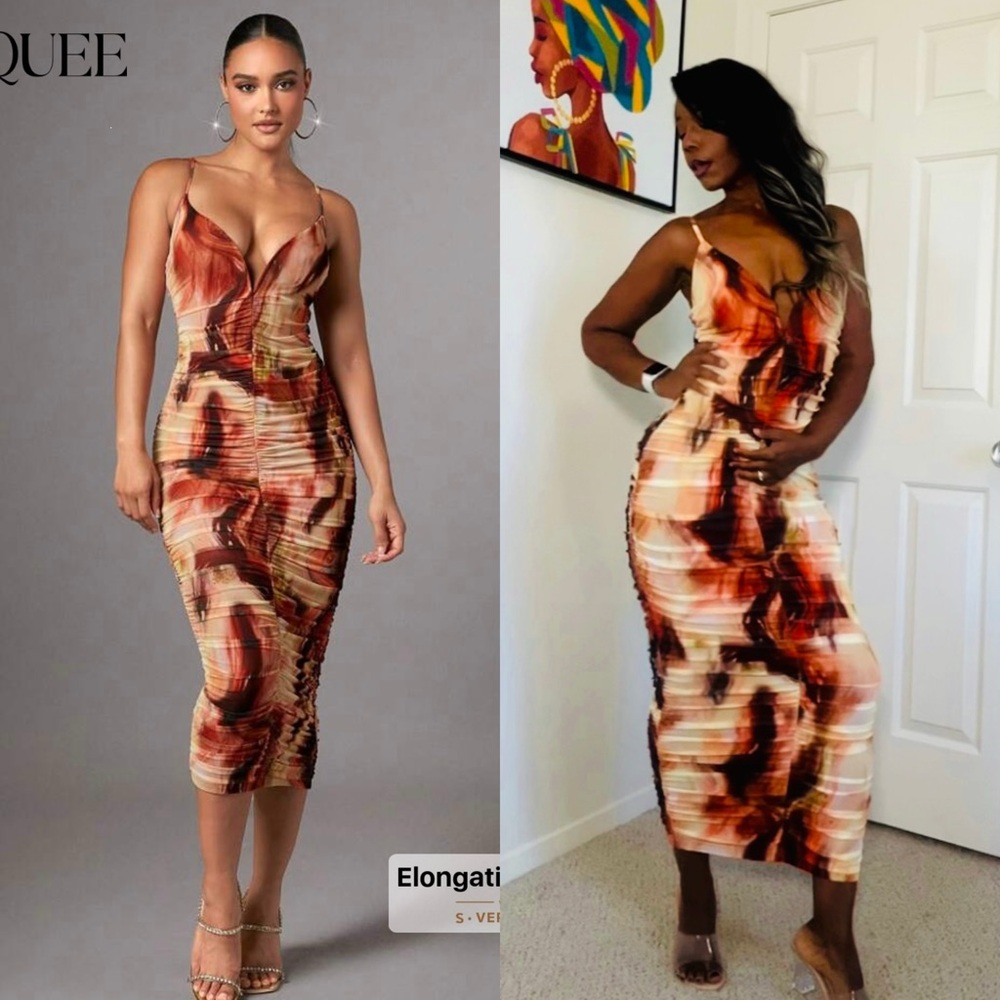 SHEIN Fiery Red and Orange Midi Dress